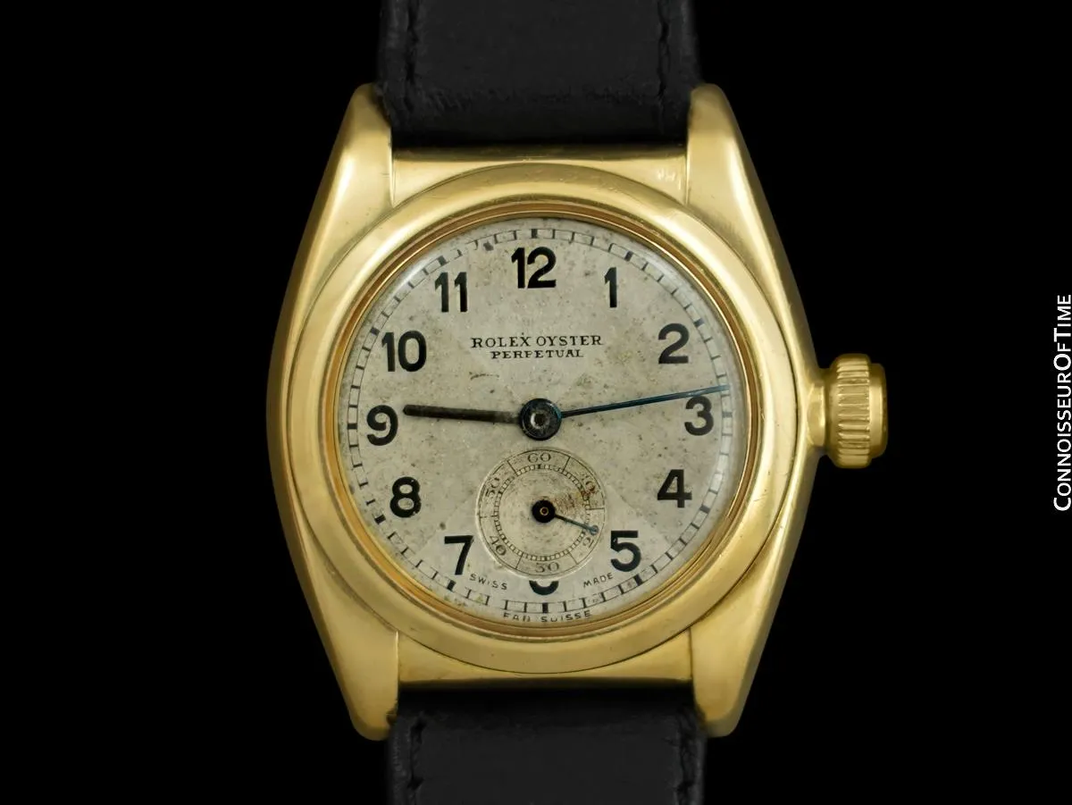 1931 Rolex Vintage Mens Oyster Perpetual Bubbleback 18K Gold Watch - Exceedingly Rare "P" Marked Protoype