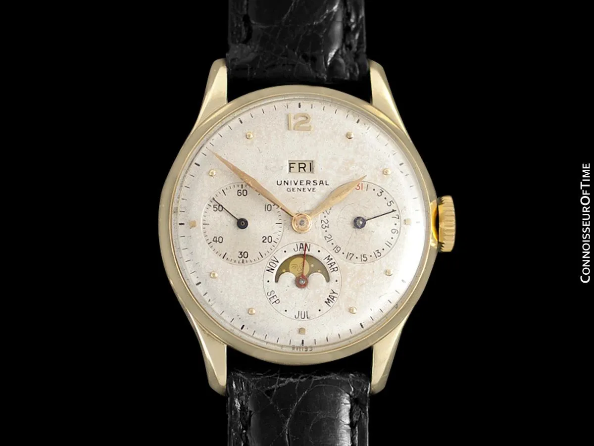 1948 Universal Geneve Vintage Mens Triple Date Moon Phase Calendar Watch - 14K Gold