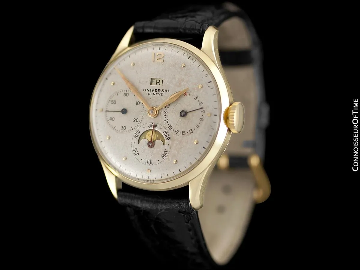 1948 Universal Geneve Vintage Mens Triple Date Moon Phase Calendar Watch - 14K Gold