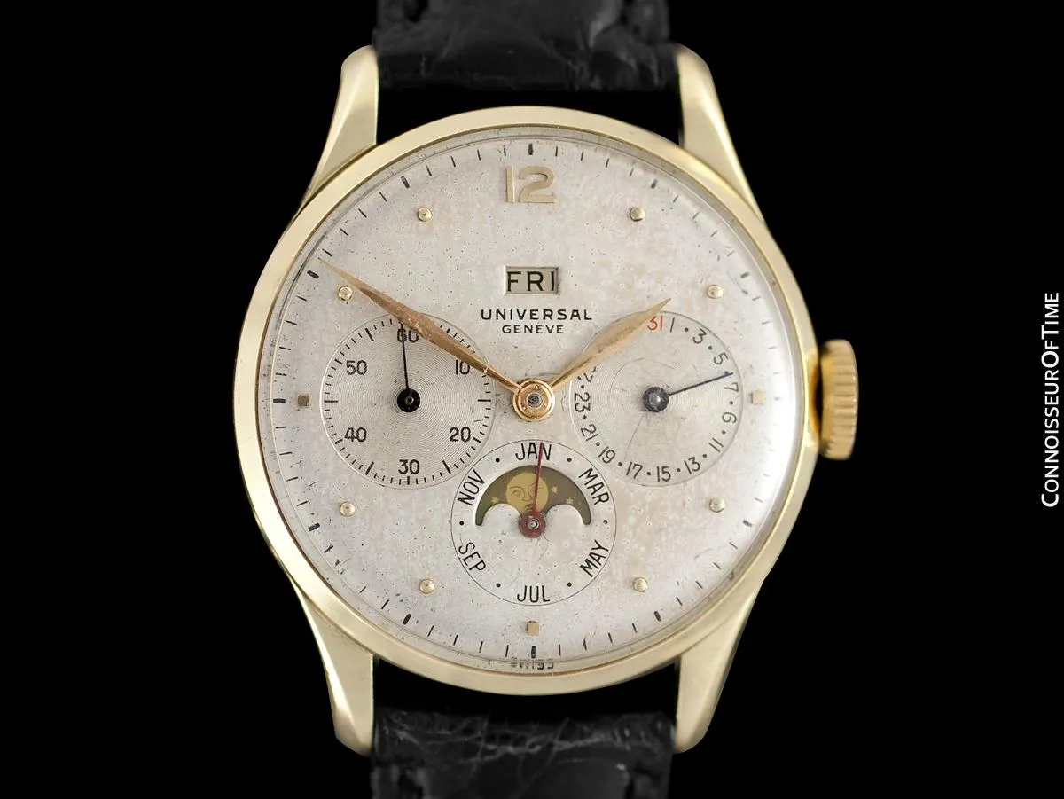 1948 Universal Geneve Vintage Mens Triple Date Moon Phase Calendar Watch - 14K Gold