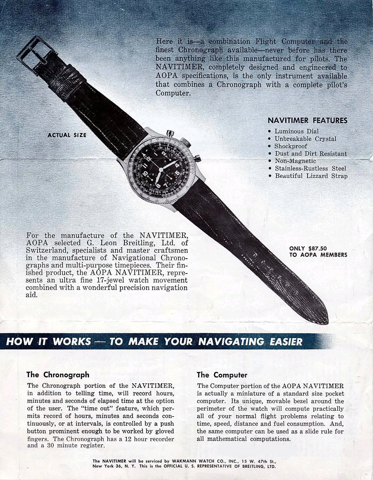 1959 Breitling Navitimer Vintage Aviator's AOPA Chronograph Watch - Stainless Steel