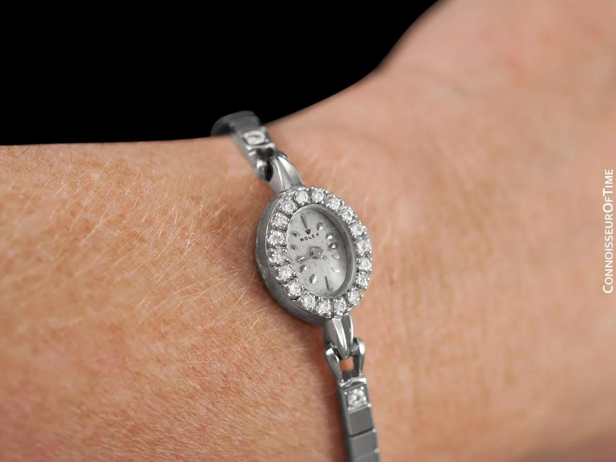 1960's Rolex Vintage Ladies Pre-Cellini Bracelet Cocktail Dress Watch - 14K White Gold & Diamonds