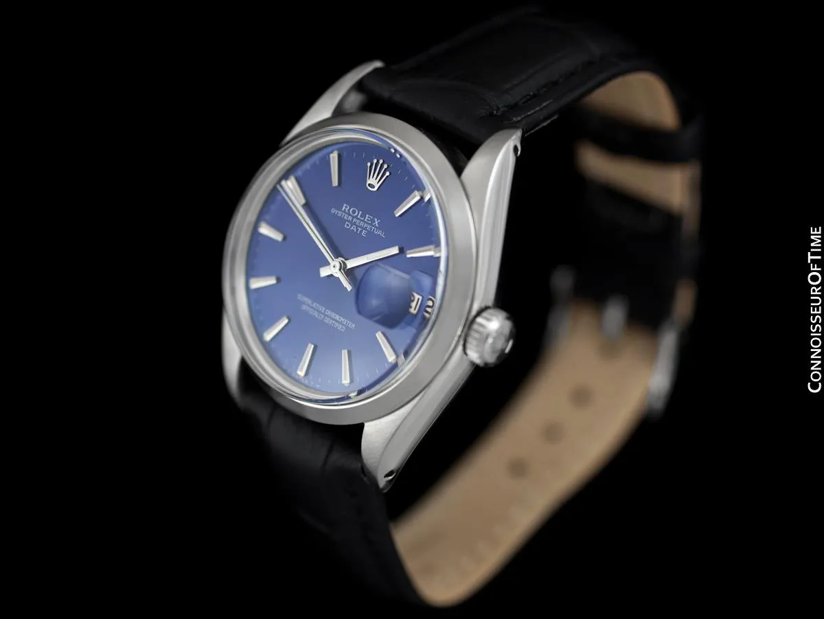 1968 Rolex Oyster Perpetual Date Ref. 1500 Vintage Mens Blue Dial Watch - Stainless Steel