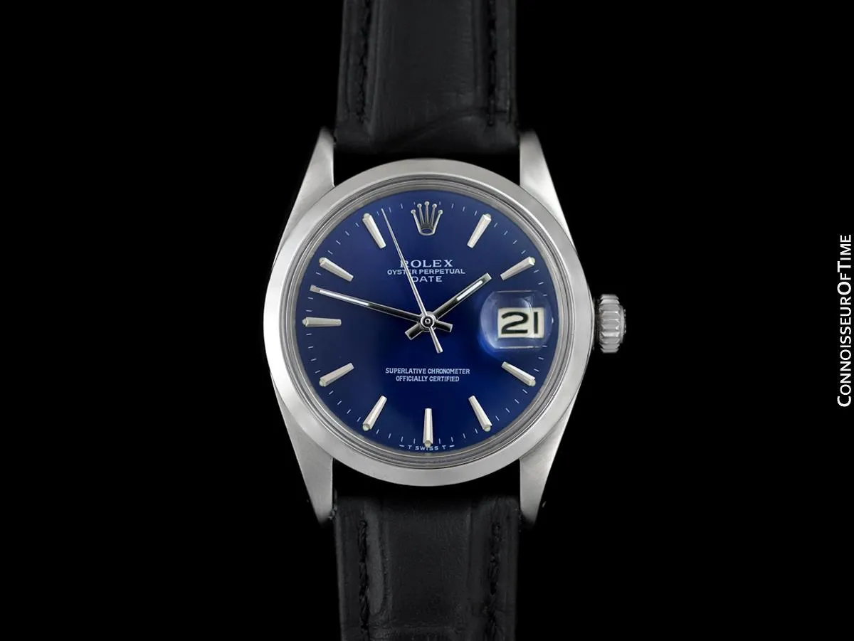 1968 Rolex Oyster Perpetual Date Ref. 1500 Vintage Mens Blue Dial Watch - Stainless Steel