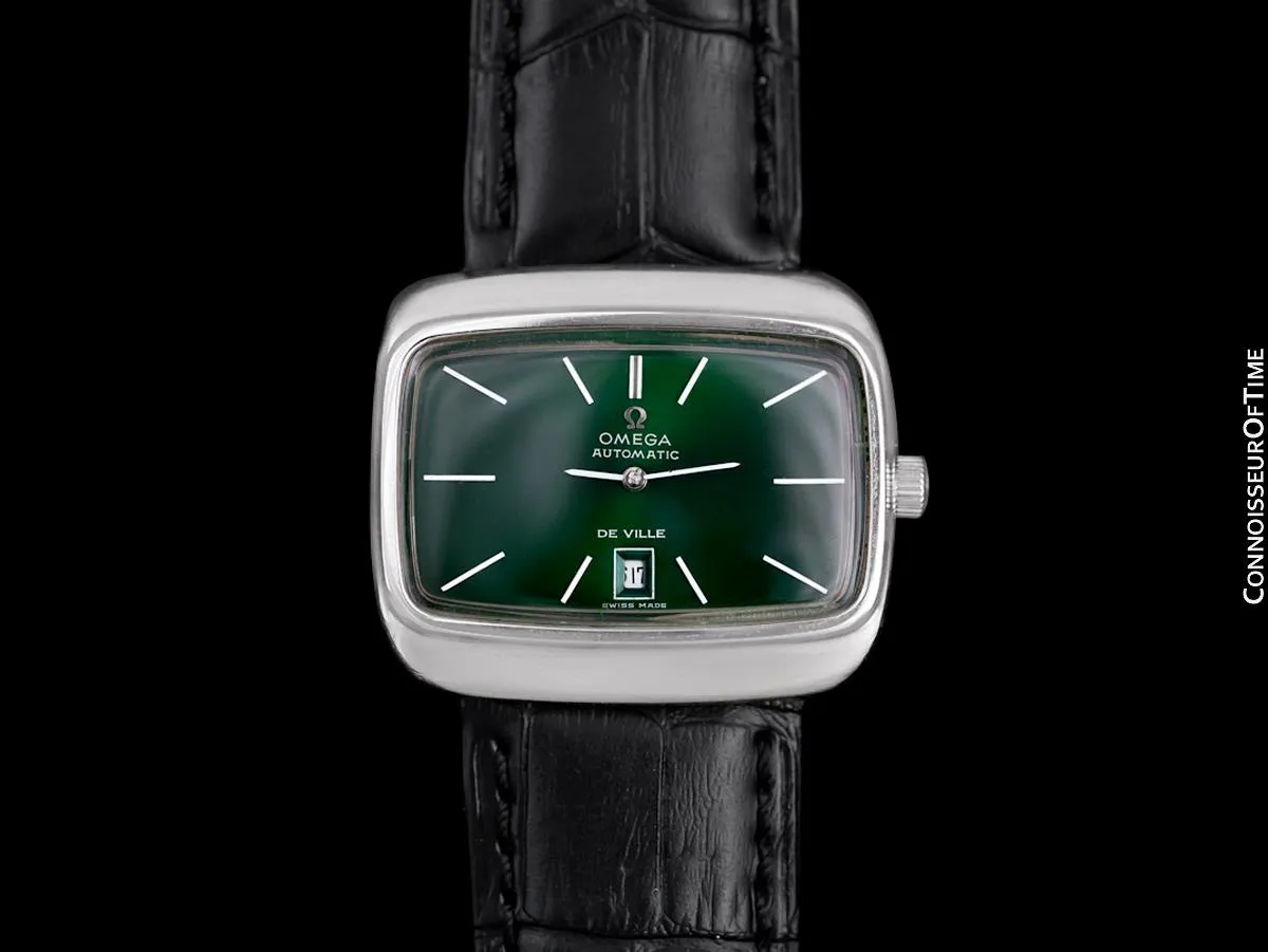 1970's Omega De Ville Mens Retro Dress TV Watch with Money Green Dial - Stainless Steel