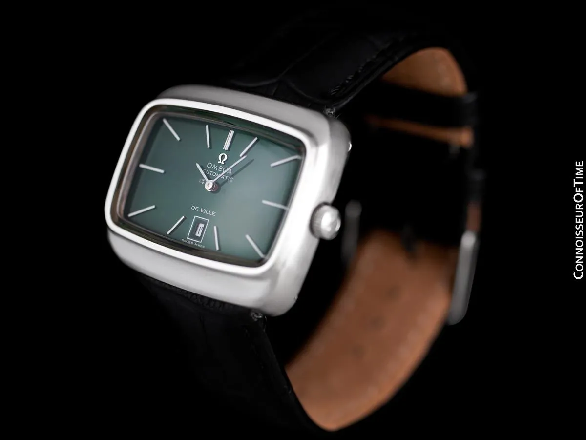 1970's Omega De Ville Mens Retro Dress TV Watch with Money Green Dial - Stainless Steel