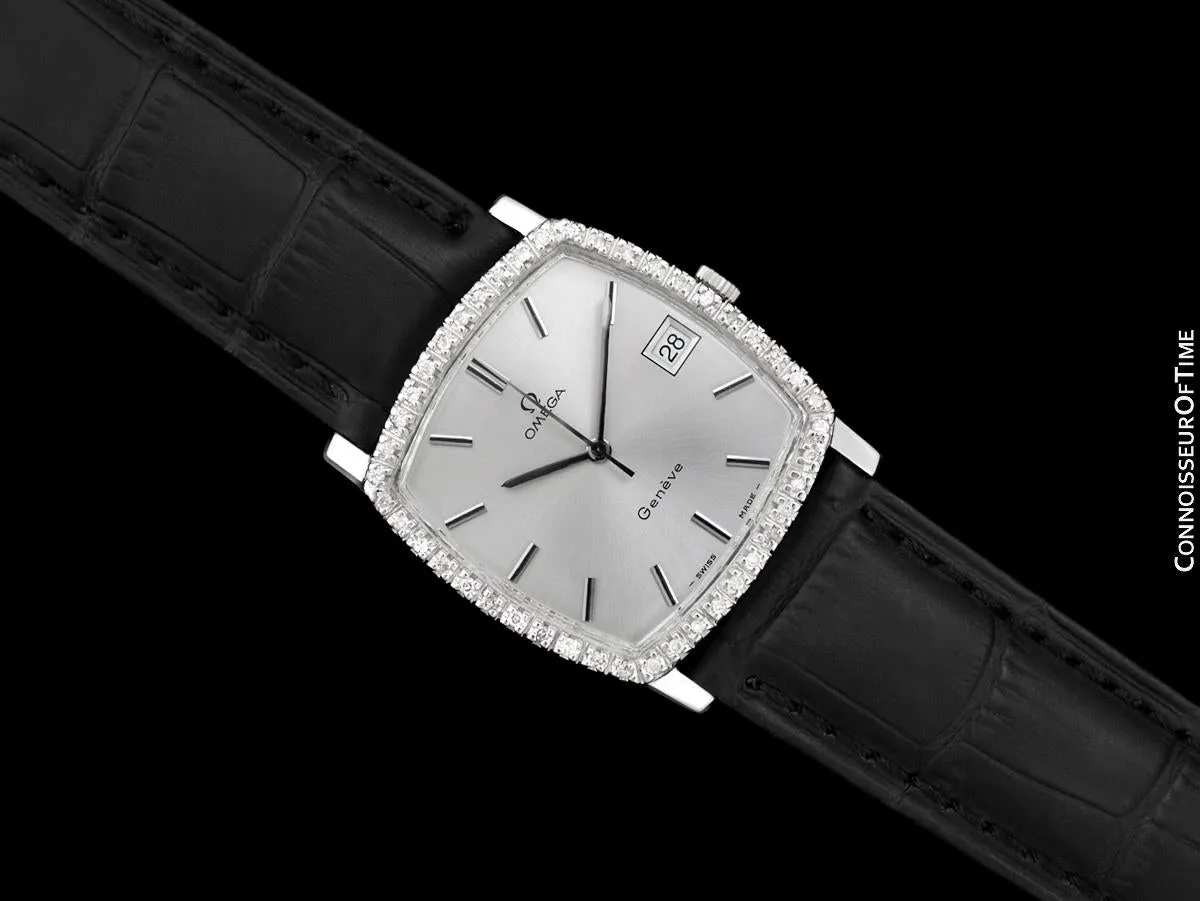 1970's Omega Geneve Vintage Mens Handwound Watch with Quick-Setting Date - Stainless Steel & Diamonds