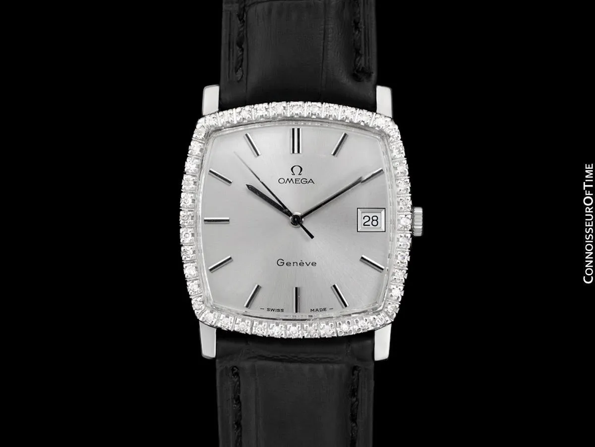 1970's Omega Geneve Vintage Mens Handwound Watch with Quick-Setting Date - Stainless Steel & Diamonds