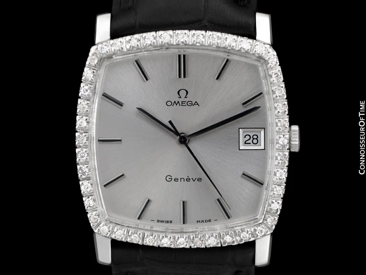 1970's Omega Geneve Vintage Mens Handwound Watch with Quick-Setting Date - Stainless Steel & Diamonds