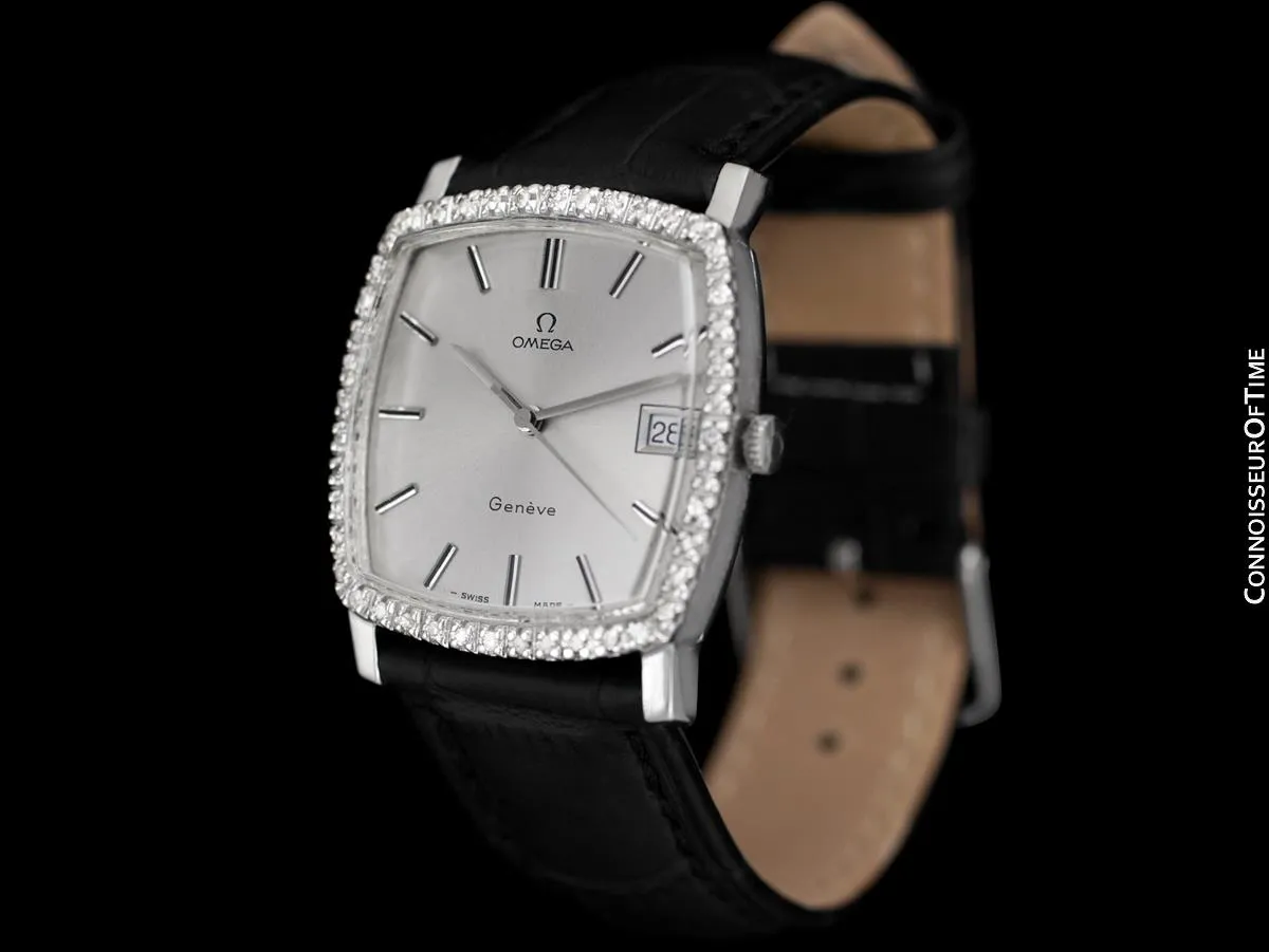 1970's Omega Geneve Vintage Mens Handwound Watch with Quick-Setting Date - Stainless Steel & Diamonds