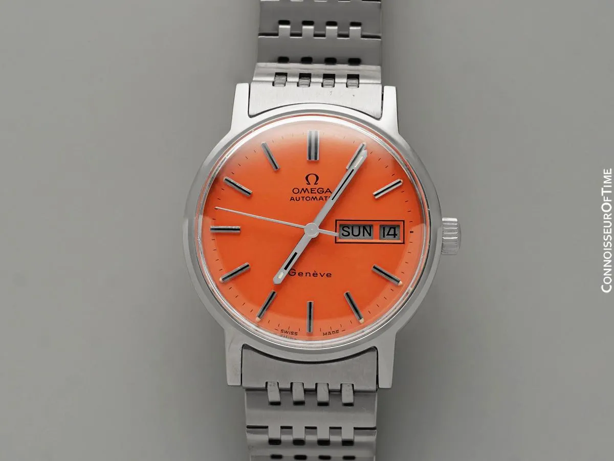 1973 Omega Geneve Vintage Automatic Day Date Mens Watch with Peach Dial - Stainless Steel