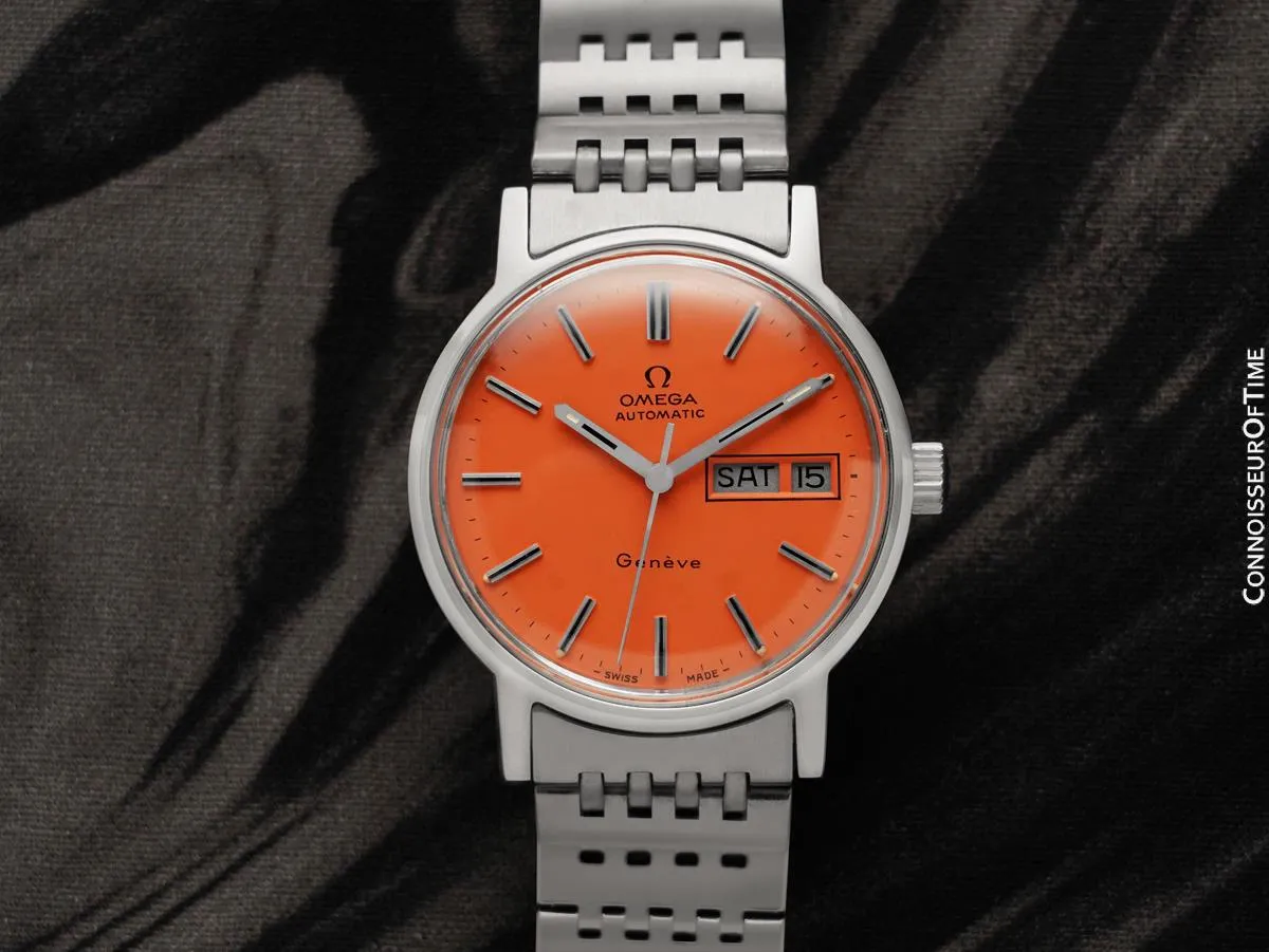 1973 Omega Geneve Vintage Automatic Day Date Mens Watch with Peach Dial - Stainless Steel