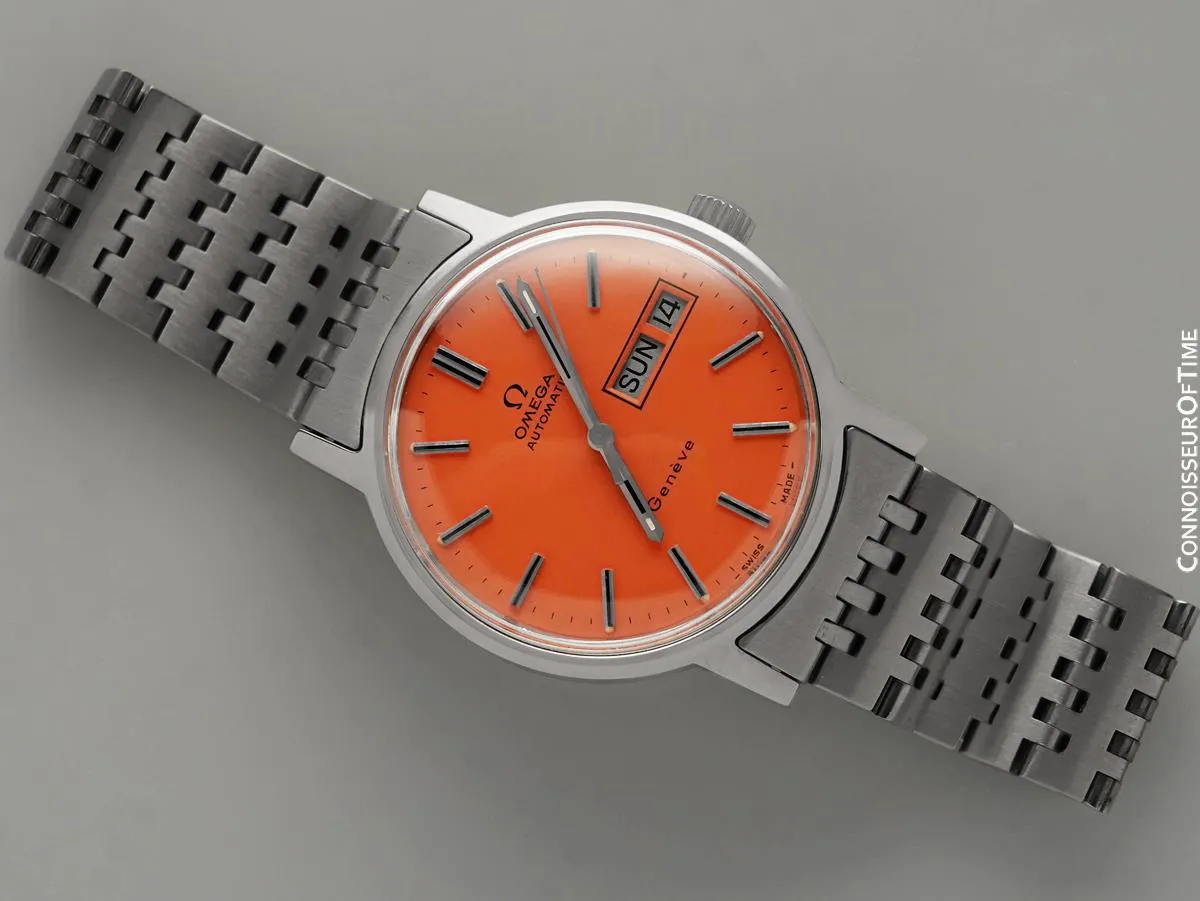 1973 Omega Geneve Vintage Automatic Day Date Mens Watch with Peach Dial - Stainless Steel