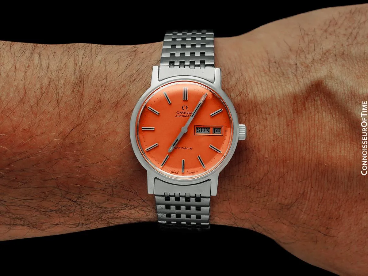 1973 Omega Geneve Vintage Automatic Day Date Mens Watch with Peach Dial - Stainless Steel