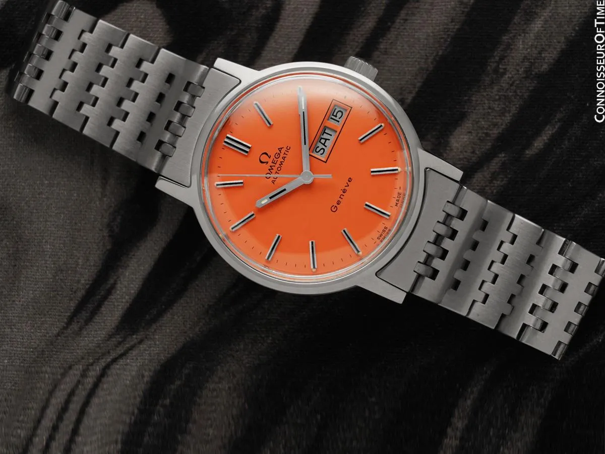 1973 Omega Geneve Vintage Automatic Day Date Mens Watch with Peach Dial - Stainless Steel