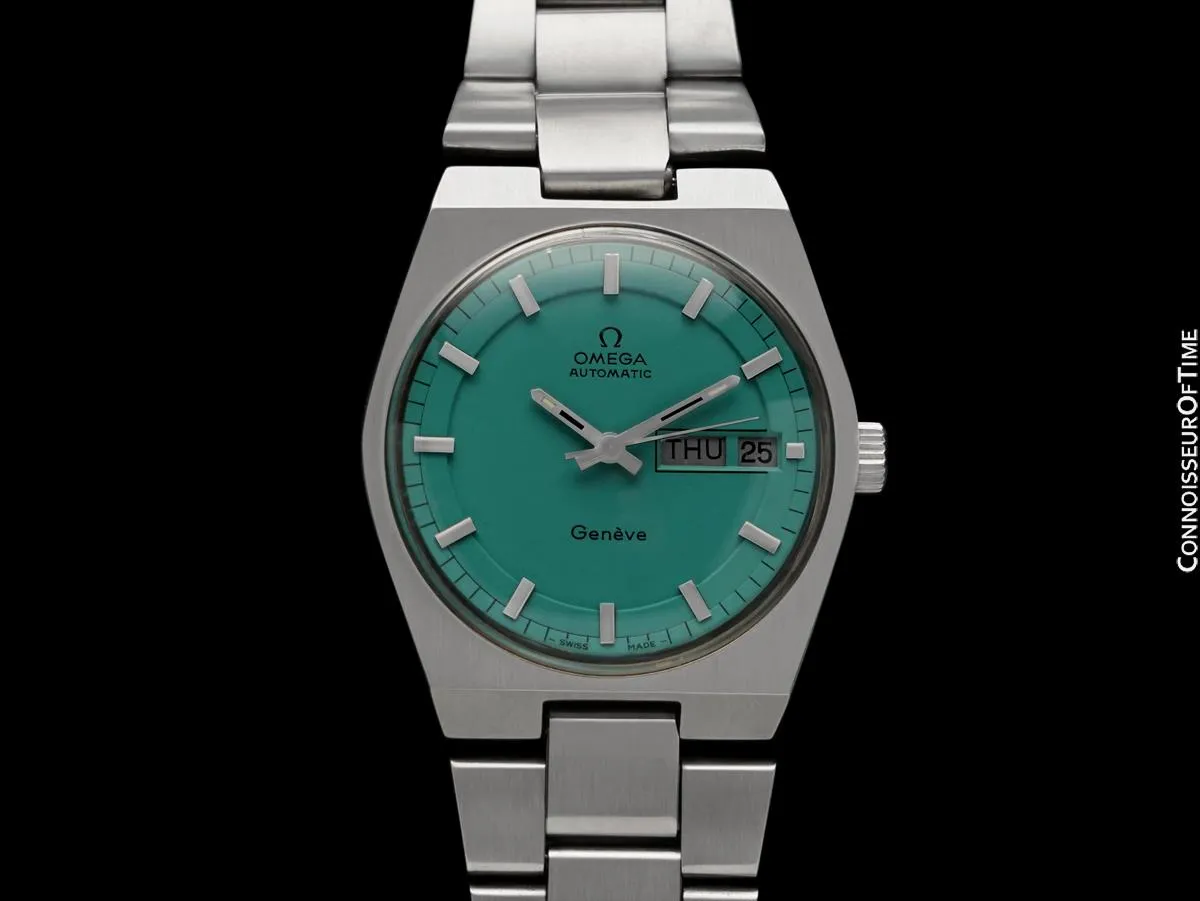 1973 Omega Geneve Vintage Retro Automatic Day Date Mens Tiffany Blue Dial Watch - Stainless Steel