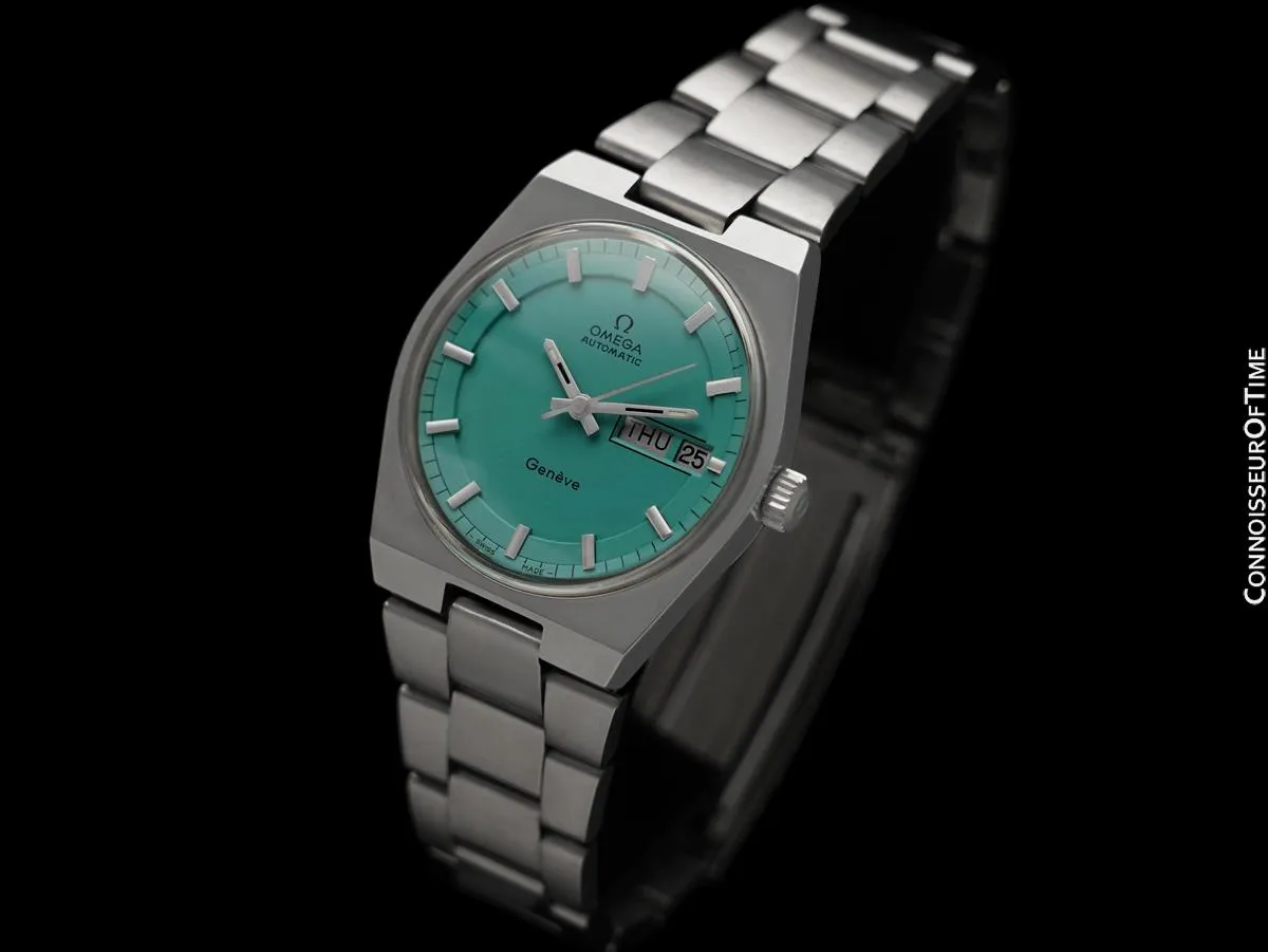 1973 Omega Geneve Vintage Retro Automatic Day Date Mens Tiffany Blue Dial Watch - Stainless Steel