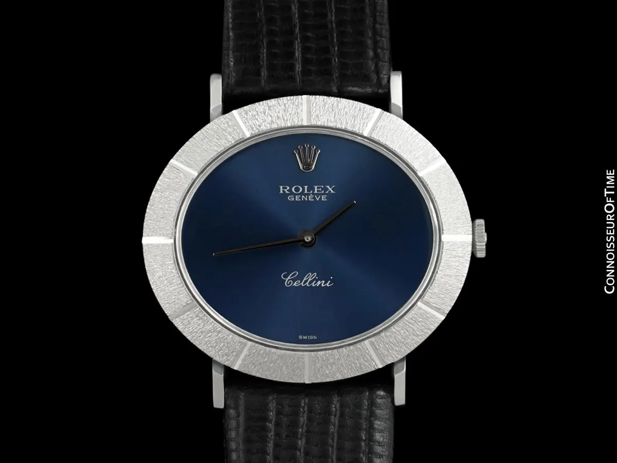 1973 Rolex Cellini Vintage Mens Midsize Handwound Oval Watch, Ref. 3881 - 18K White Gold