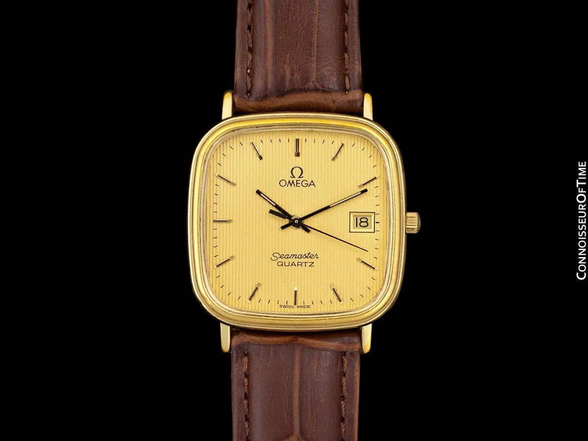 1980's Omega Seamaster Vintage Mens Quartz Watch with Date - 18K Gold Plated & Stainless Steel