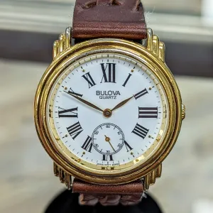 1991 BULOVA Roman Numerals Watch Round Case & Fancy Lugs Quartz Wristwatch