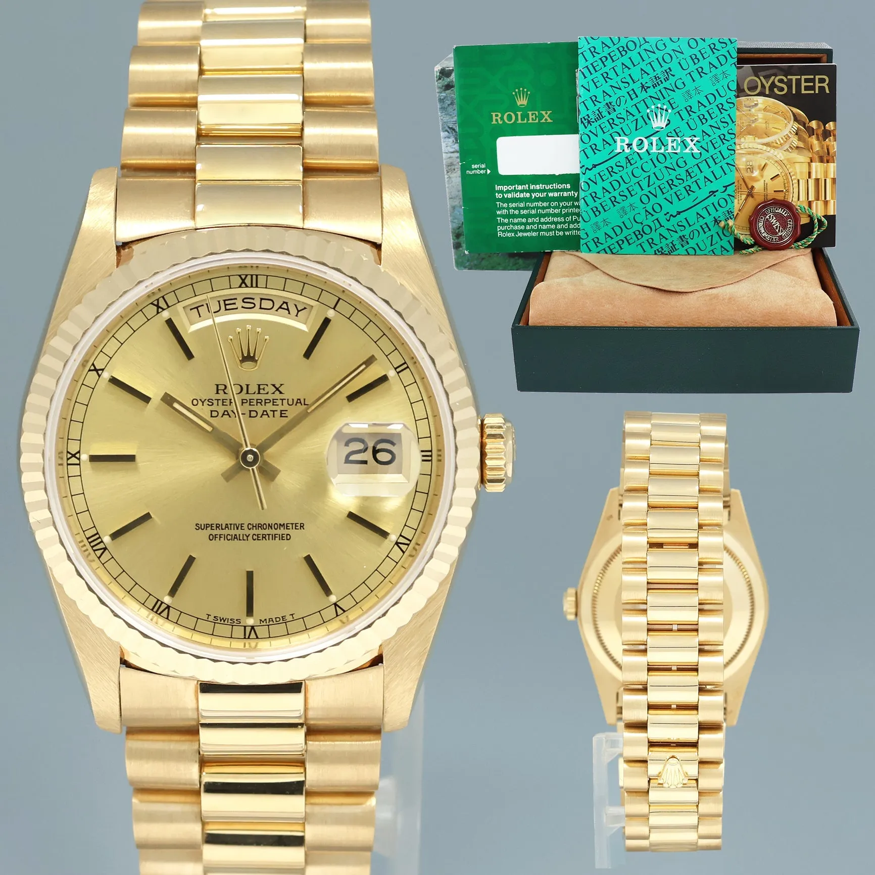 1993 MINT Rolex President Day Date Champagne Dial 18238 Double Quick Set Yellow Gold Watch