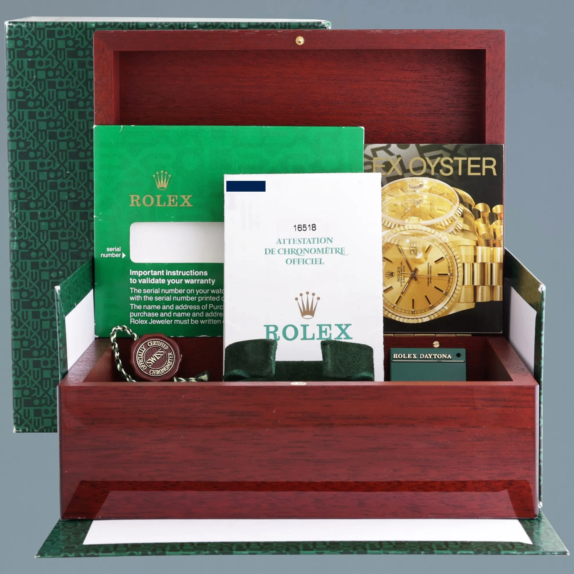 1995 PAPERS Rolex Daytona Zenith 16518 White Inverted 6 Dial Chrono Yellow Gold Watch