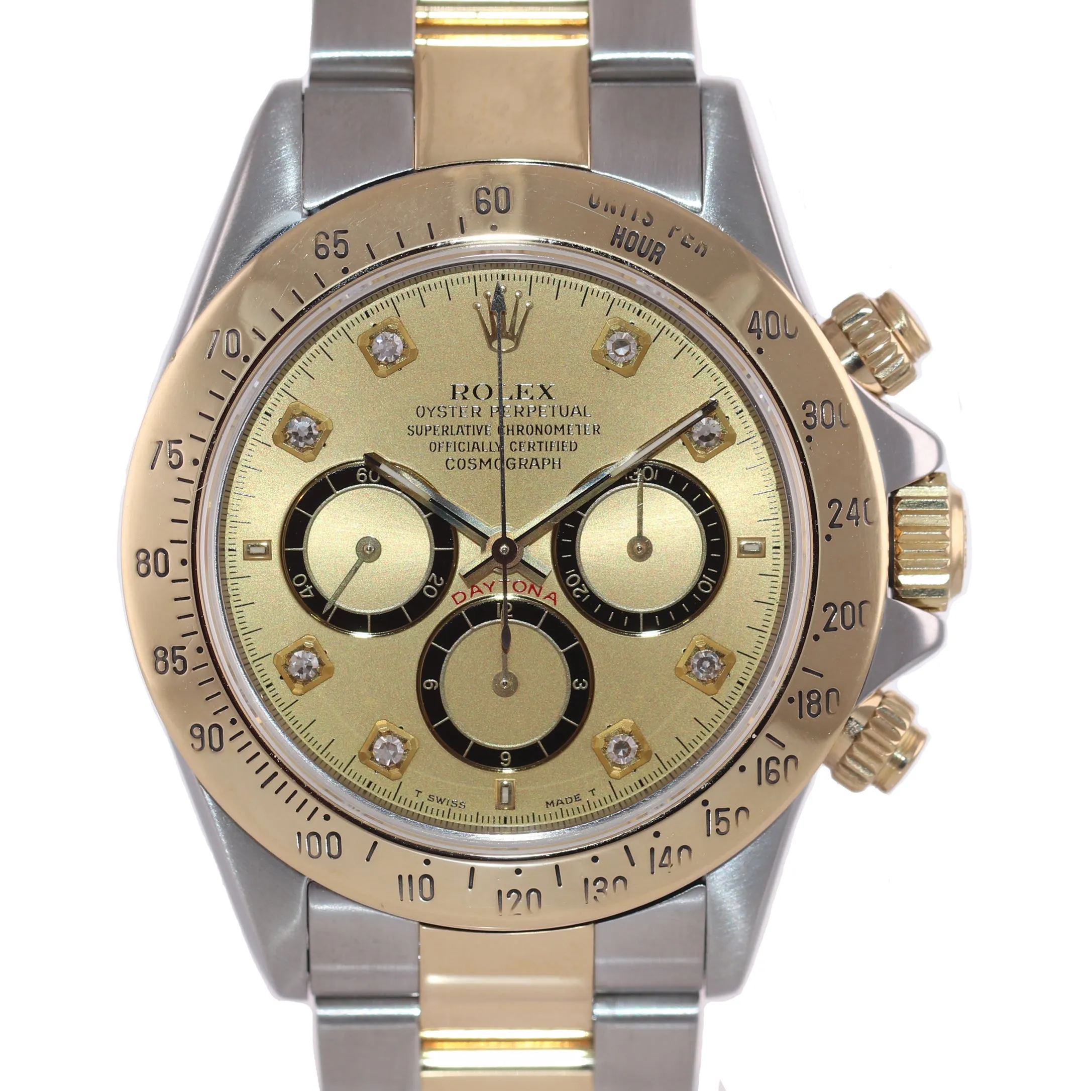 1999 Rolex Daytona Zenith Inverted Diamond Dial 16523 18k Gold Steel SEL Watch