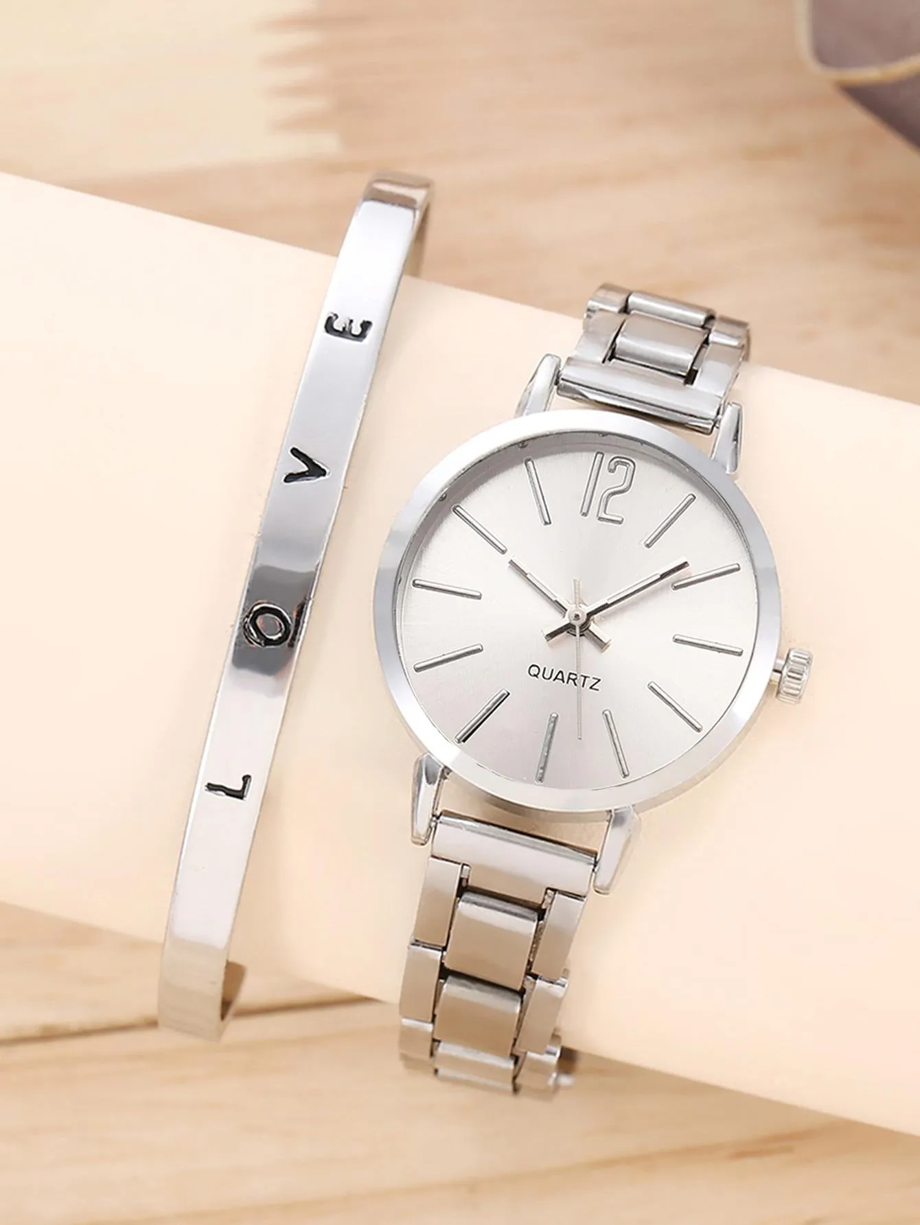 1pc Numeral Detail Quartz Watch & 1pc Bracelet - Silver