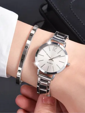 1pc Numeral Detail Quartz Watch & 1pc Bracelet - Silver