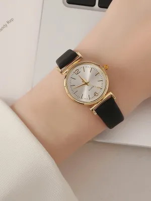 1pc PU Polyurethane Strap Elegant Round Dial Quartz Watch - Black- FD ⚡