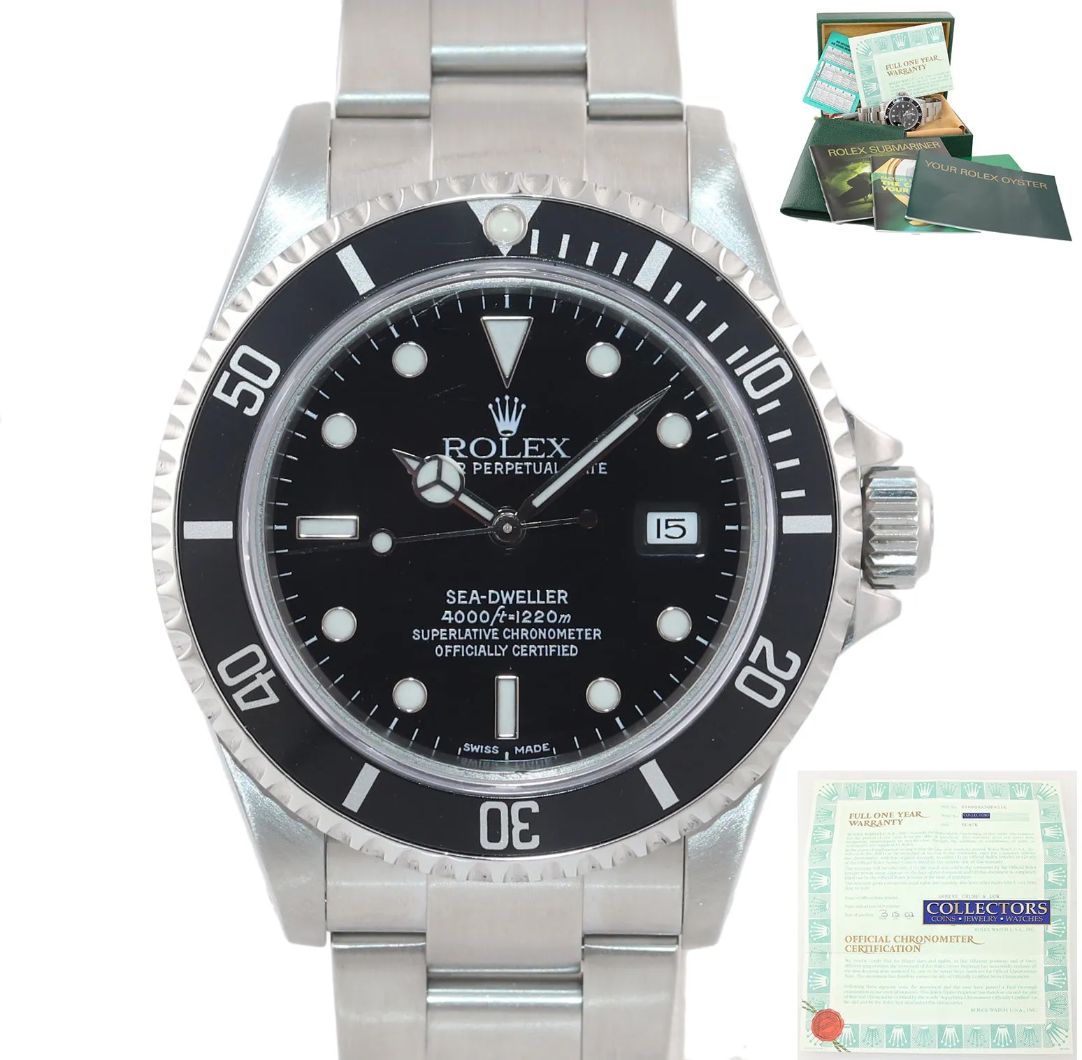 2002 PAPERS Rolex Sea-Dweller Steel 16600 40mm Date Black Diver Kit Watch Box
