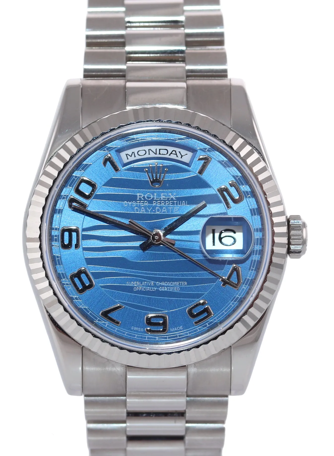 2007 PAPERS Rolex President Day Date 118239 White Gold Blue Wave Arabic Watch
