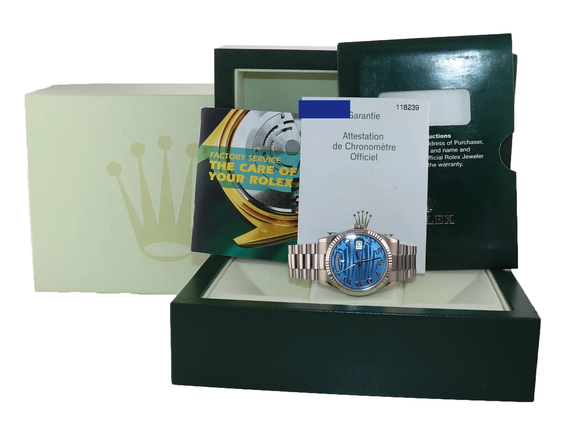 2007 PAPERS Rolex President Day Date 118239 White Gold Blue Wave Arabic Watch