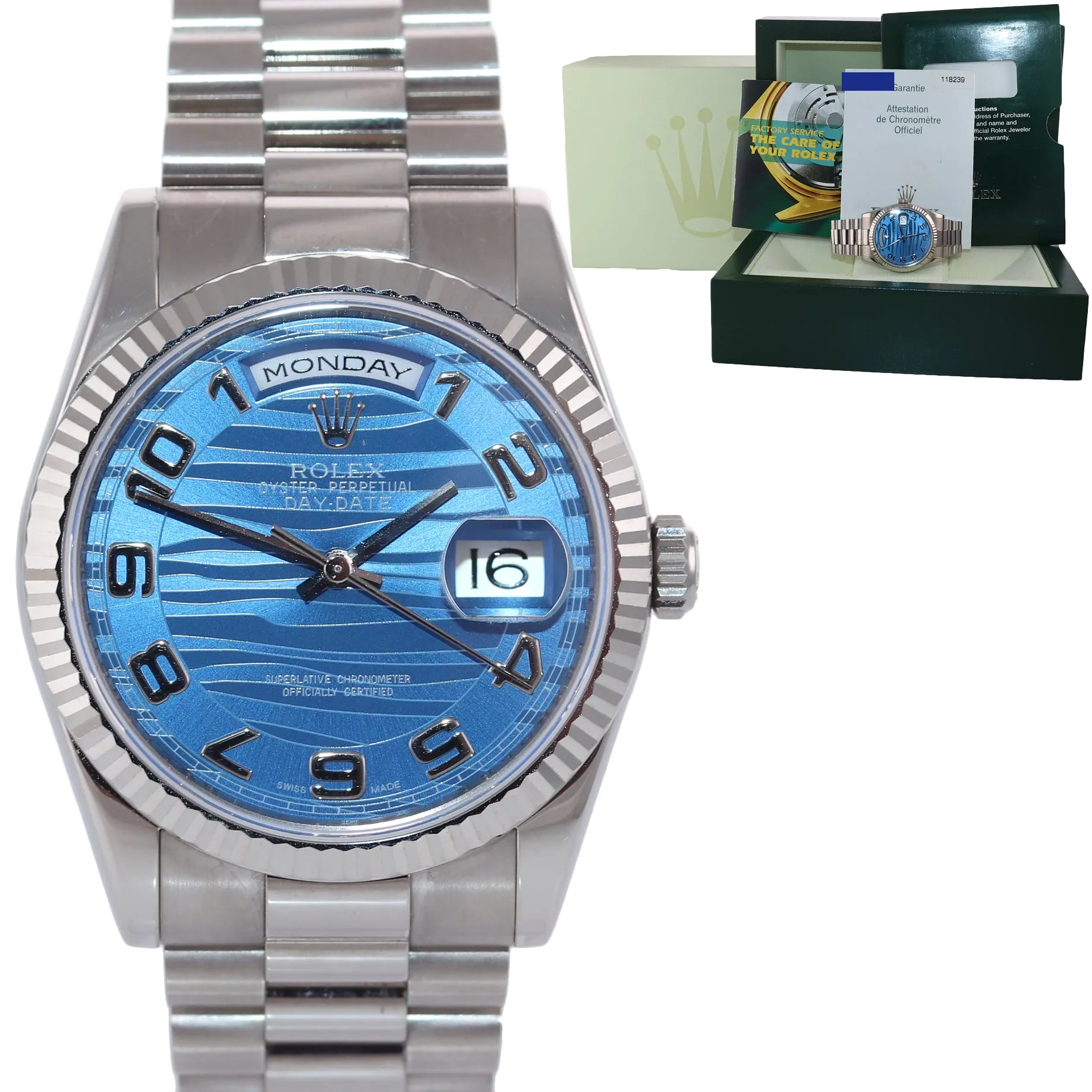 2007 PAPERS Rolex President Day Date 118239 White Gold Blue Wave Arabic Watch