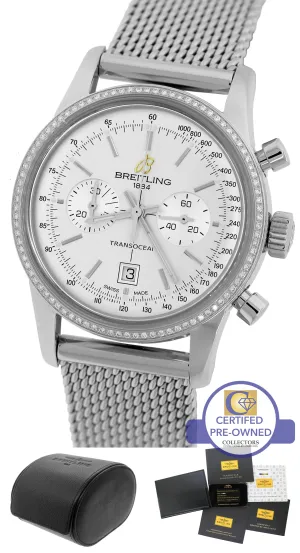 2014 Breitling Transocean Chronograph 38mm Silver Diamond Mesh A41310 Watch