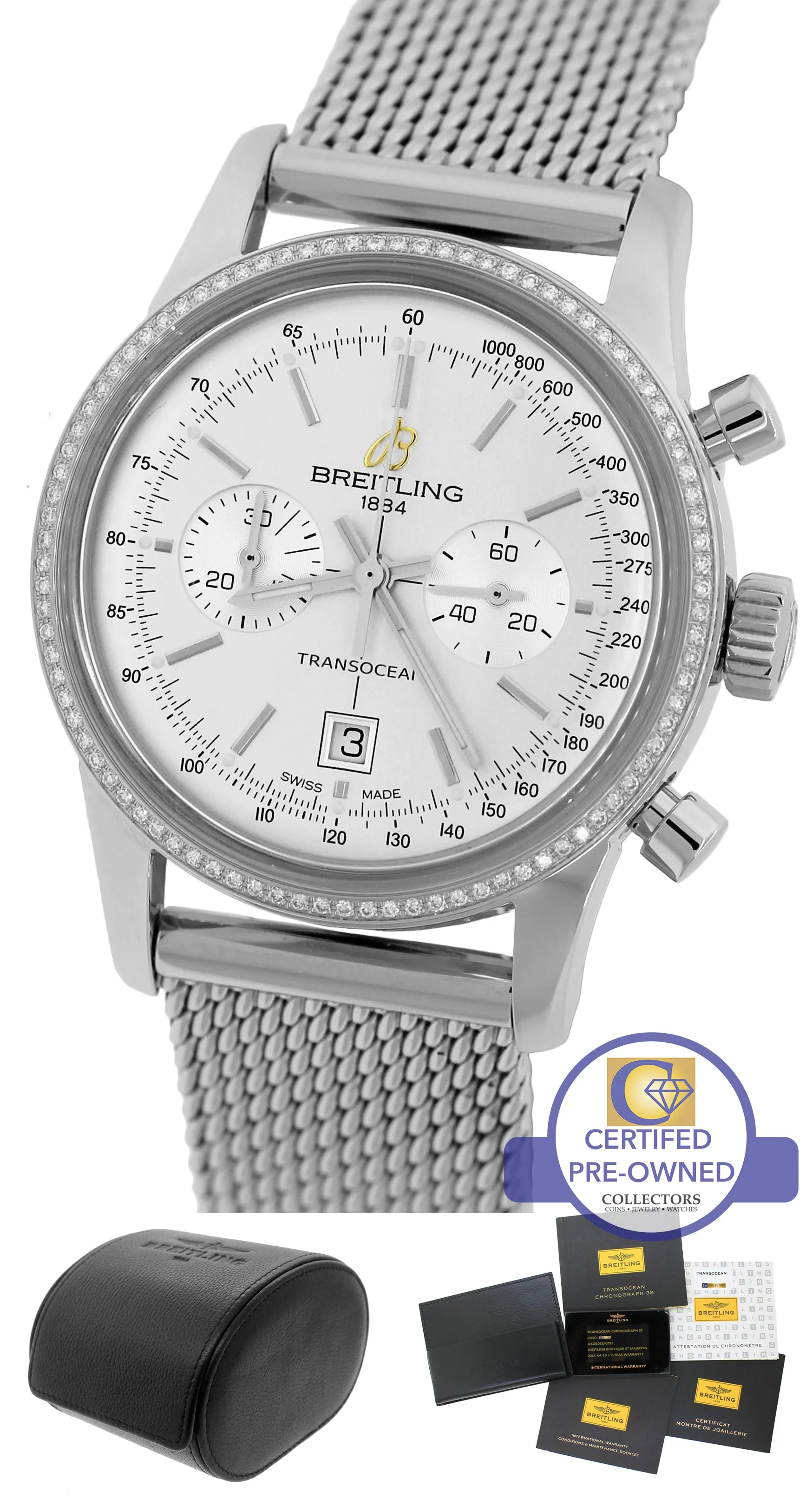 2014 Breitling Transocean Chronograph 38mm Silver Diamond Mesh A41310 Watch