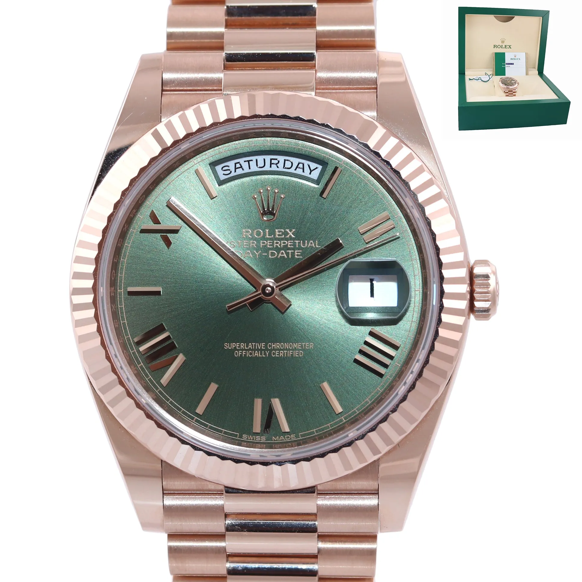 2019 NEW Rolex President 40mm 18k Rose Gold Olive Green Roman 228235 Watch Box