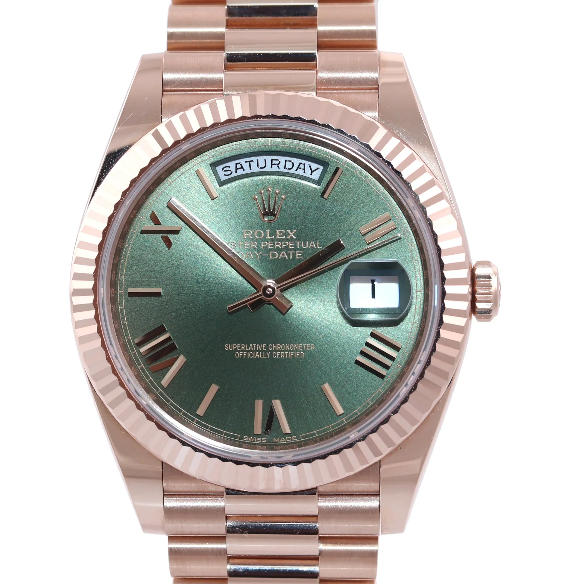 2019 NEW Rolex President 40mm 18k Rose Gold Olive Green Roman 228235 Watch Box