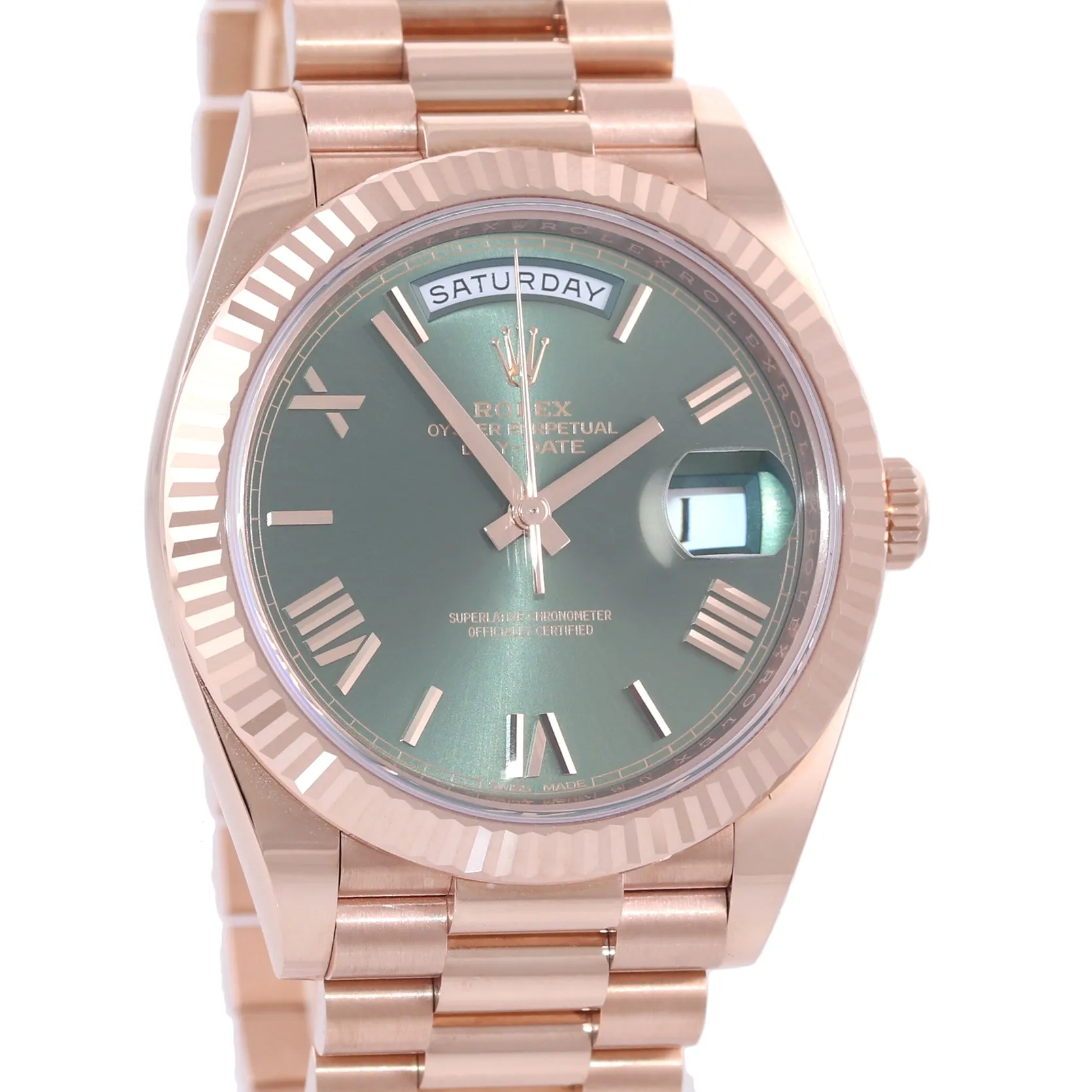 2019 NEW Rolex President 40mm 18k Rose Gold Olive Green Roman 228235 Watch Box