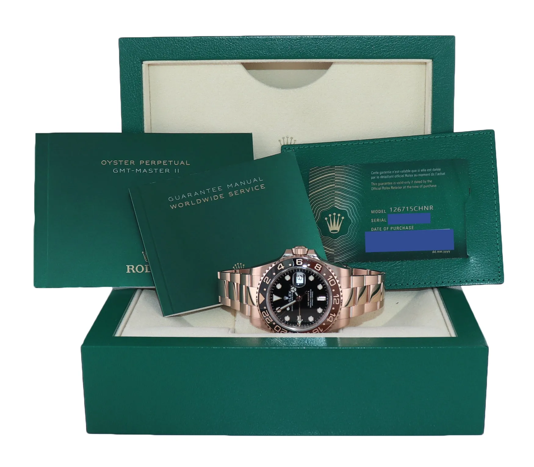 2022 NEW PAPERS Rolex GMT Master Rose Gold Ceramic Root Beer 126715 Watch Box