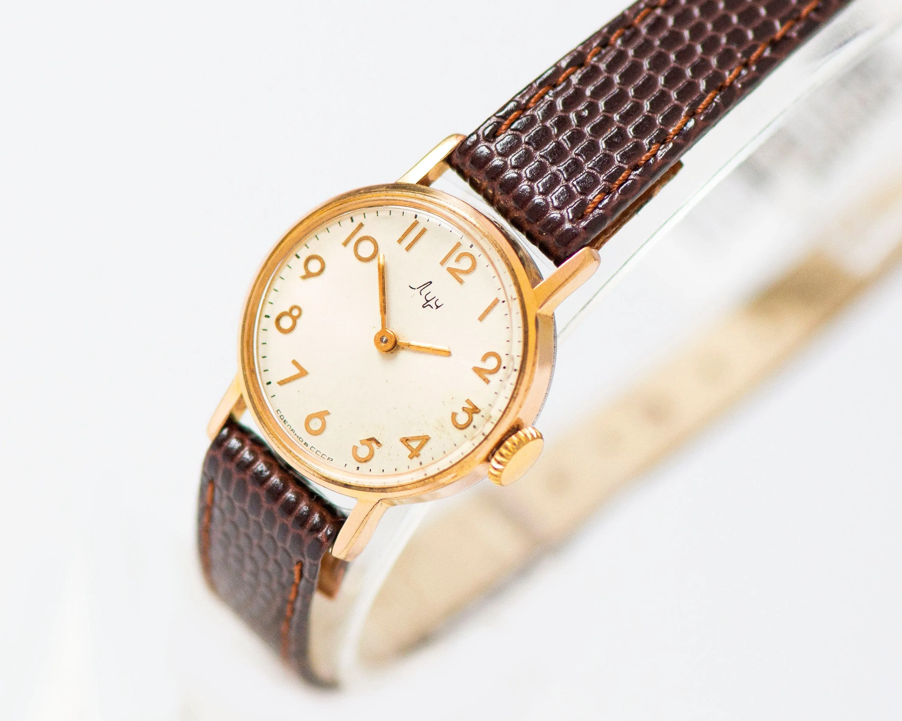 Arabic numerals dial watch for women gold plated Ray, delicate lady watch vintage, classic women wristwatch gift, new premium leather strap