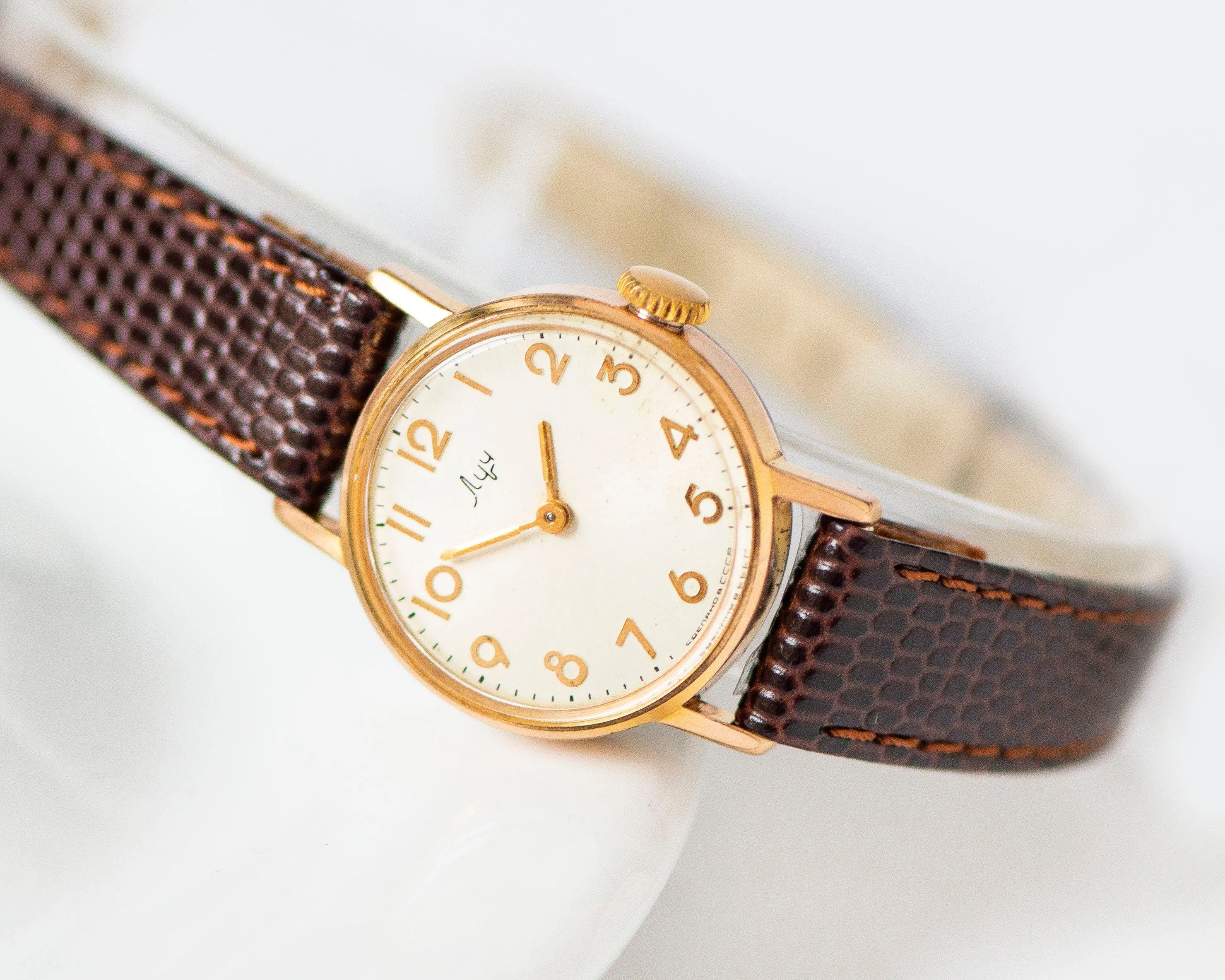 Arabic numerals dial watch for women gold plated Ray, delicate lady watch vintage, classic women wristwatch gift, new premium leather strap