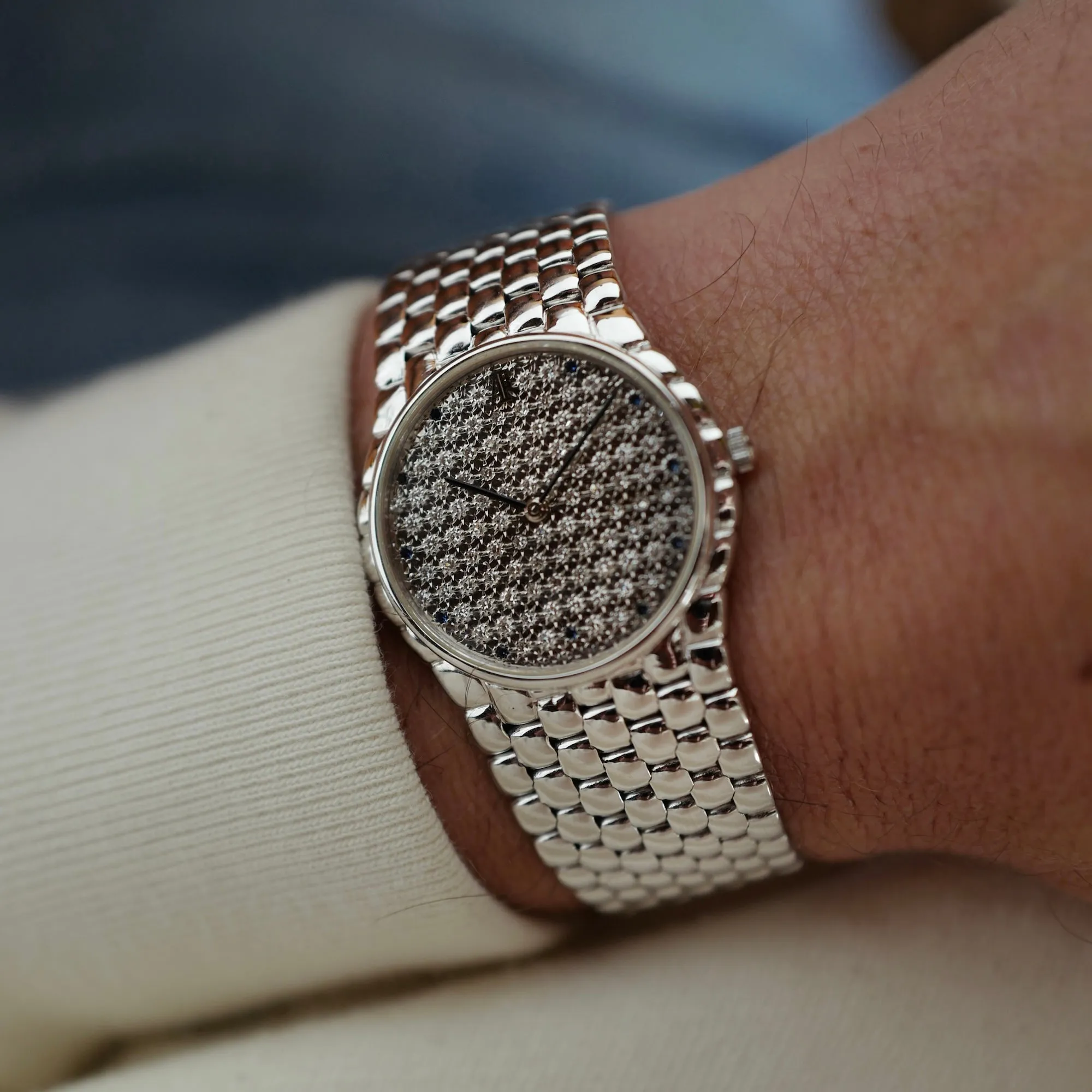 Audemars Piguet White Gold Round Watch with Beaded Bracelet and Pave Diamond and Sapphire Dial (New Arrival)