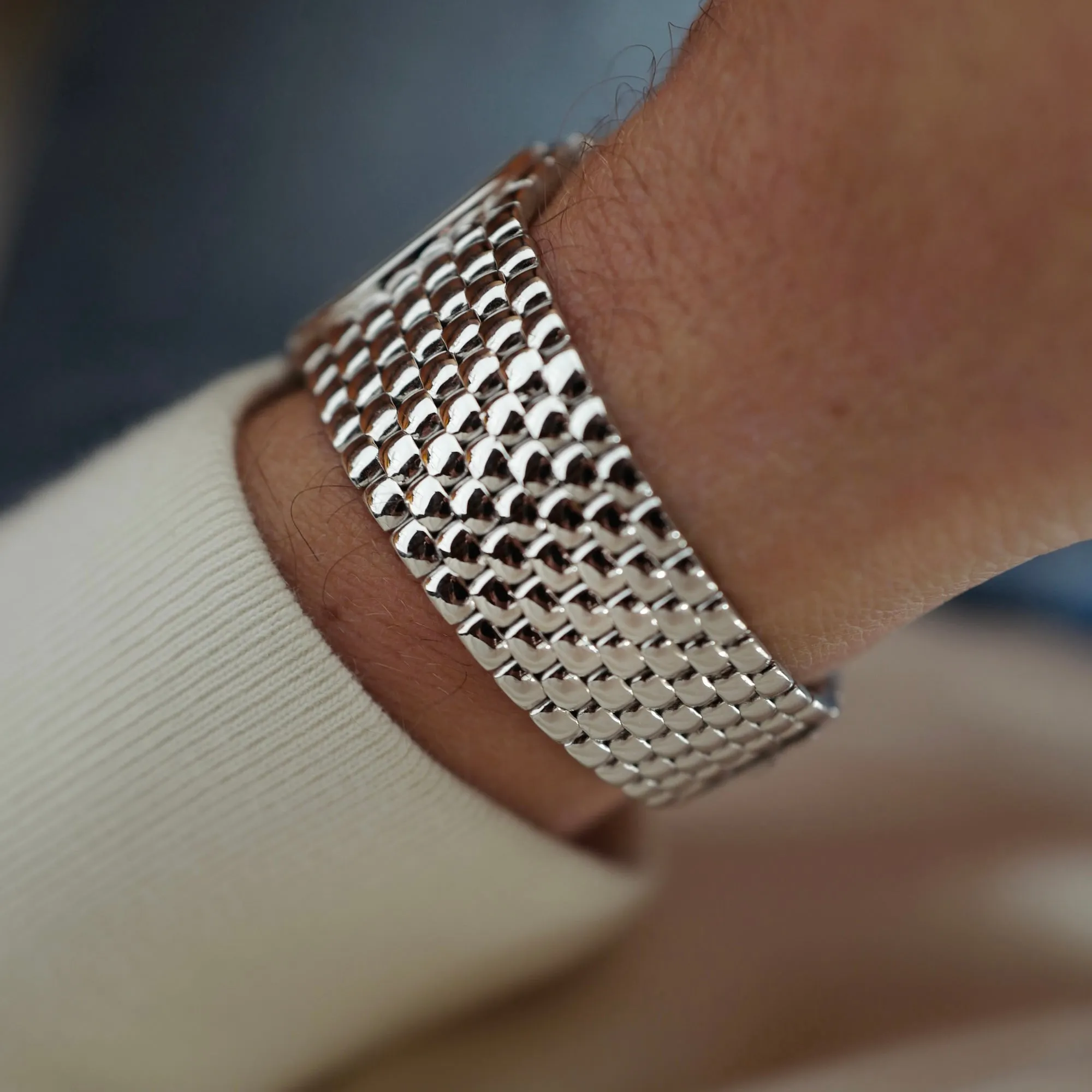 Audemars Piguet White Gold Round Watch with Beaded Bracelet and Pave Diamond and Sapphire Dial (New Arrival)