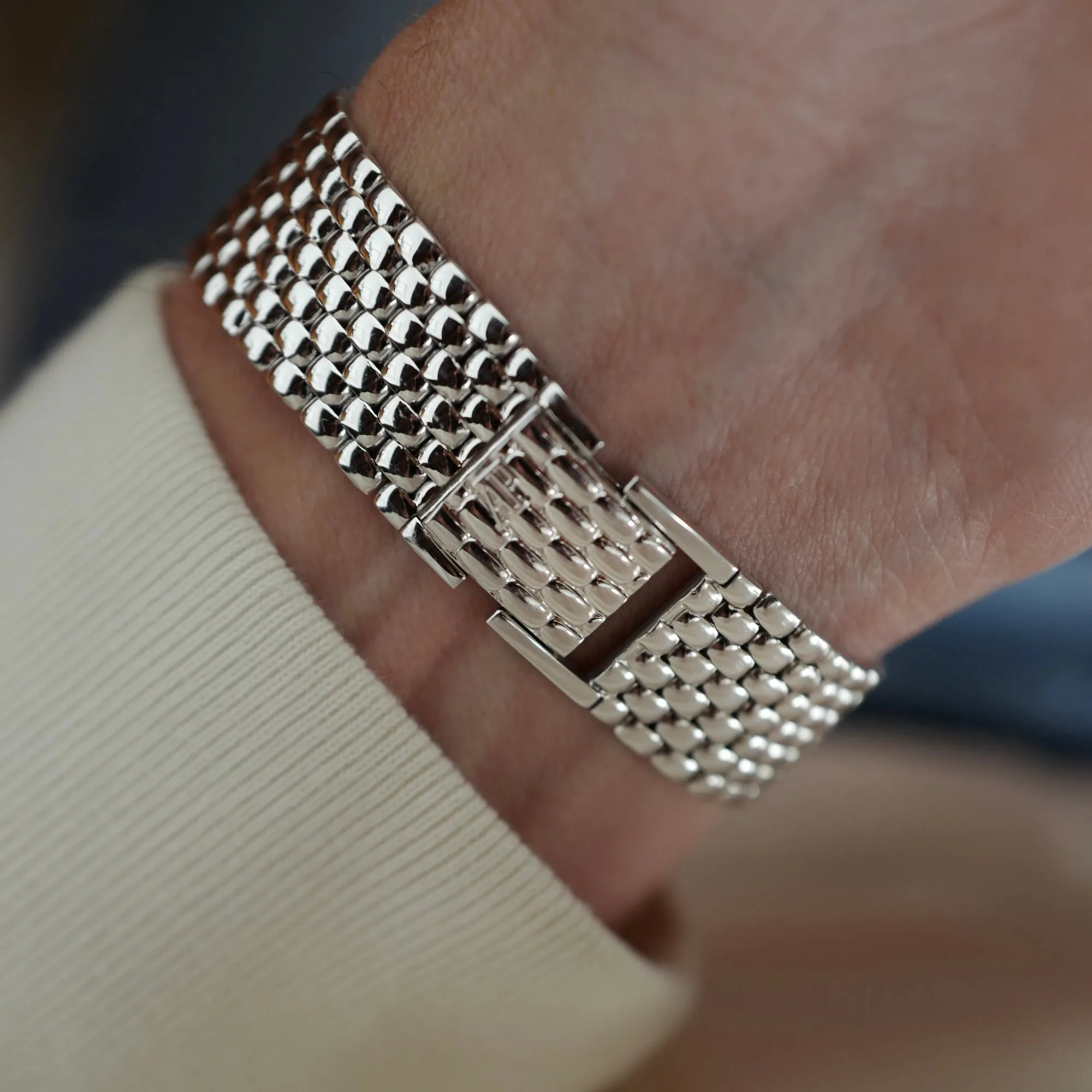 Audemars Piguet White Gold Round Watch with Beaded Bracelet and Pave Diamond and Sapphire Dial (New Arrival)