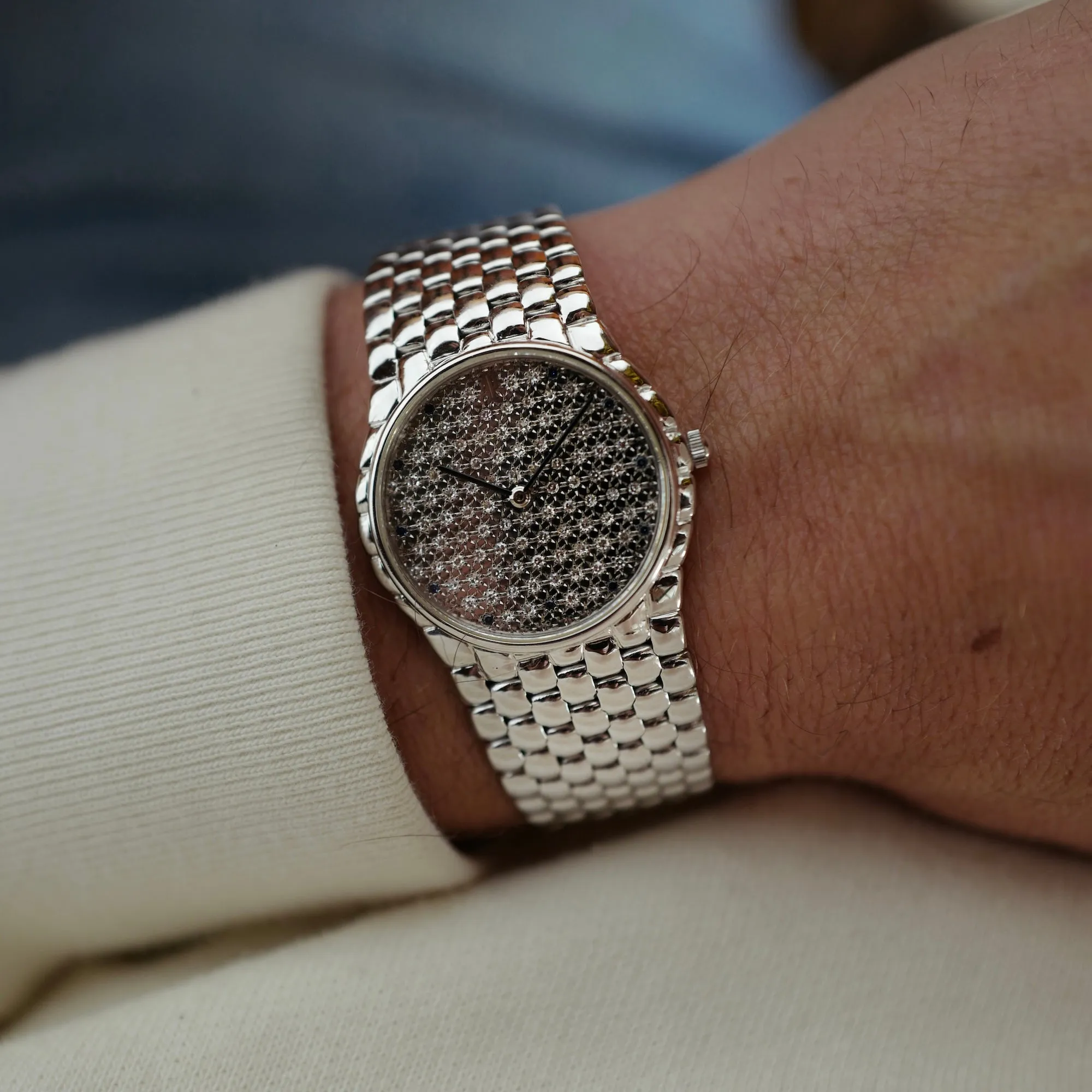 Audemars Piguet White Gold Round Watch with Beaded Bracelet and Pave Diamond and Sapphire Dial (New Arrival)