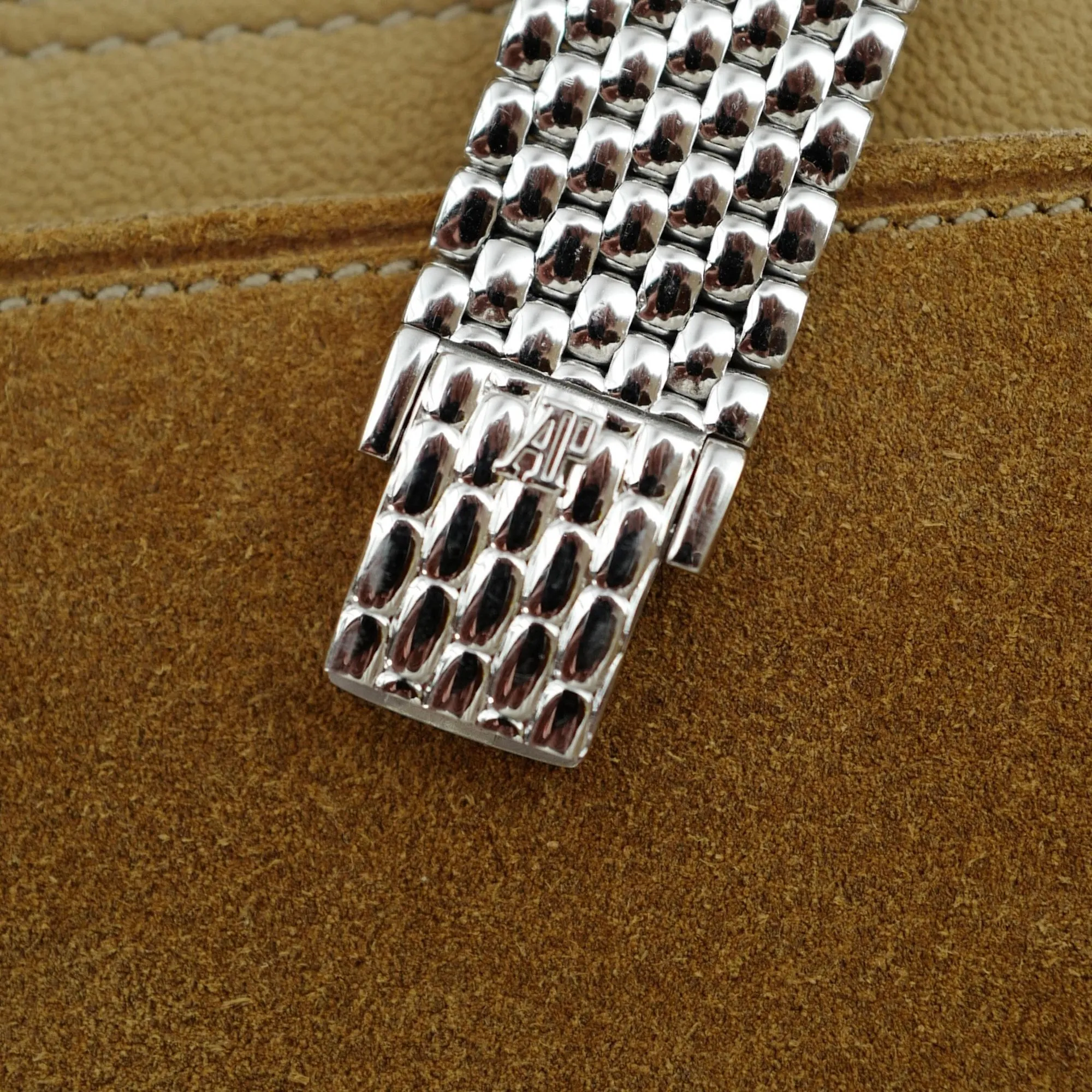 Audemars Piguet White Gold Round Watch with Beaded Bracelet and Pave Diamond and Sapphire Dial (New Arrival)