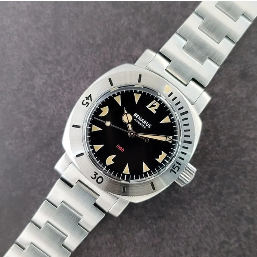 Benarus Moray Watch 38 steel black Pacman dial vintage lume no date