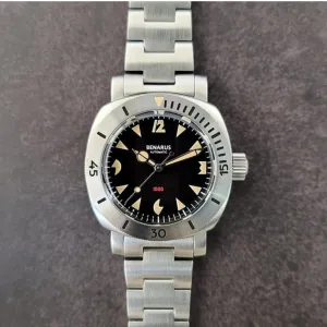 Benarus Moray Watch 38 steel black Pacman dial vintage lume no date