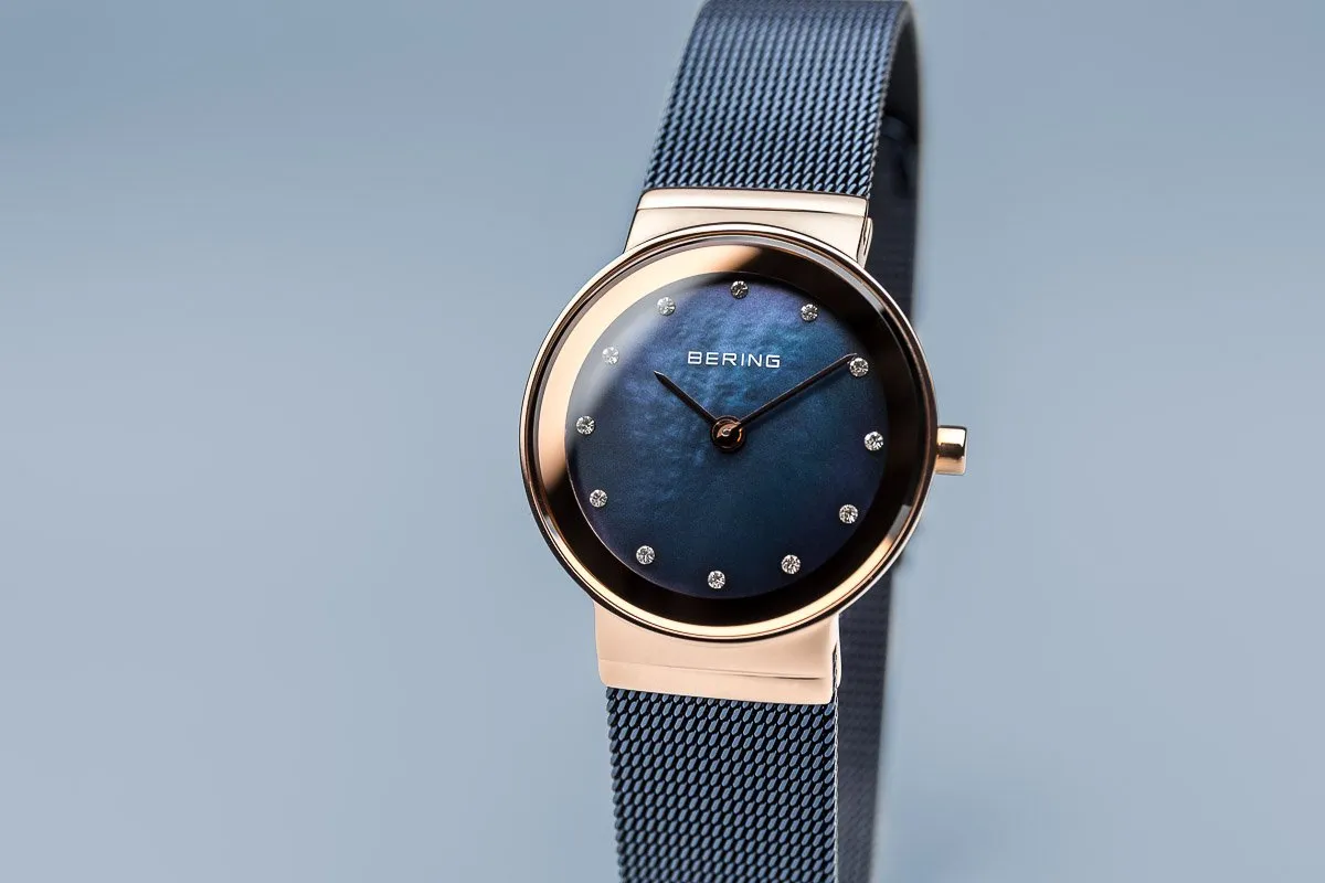 BERING 10126-367 Women's Watch Slim IP Rose Gold Case Blue Mother of Pearl Dial Blue Mesh Band